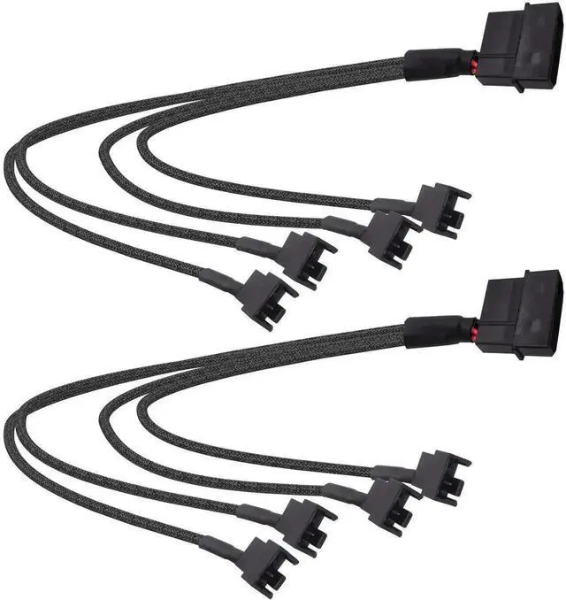 Main image of 2 Pack Molex to PC Fan Power Splitter Cable, 4 Pin Molex to 4 x 3 Pin / 4 Pin 12V Case Fan Adapter Y Splitter Extension Cord, 27cm Multi Fan Power Supply Cable for Desktop Computer Cooling Fans