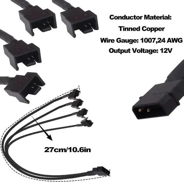 Alt view image 5 of 7 - 2 Pack Molex to PC Fan Power Splitter Cable, 4 Pin Molex to 4 x 3 Pin / 4 Pin 12V Case Fan Adapter Y Splitter Extension Cord, 27cm Multi Fan Power Supply Cable for Desktop Computer Cooling Fans