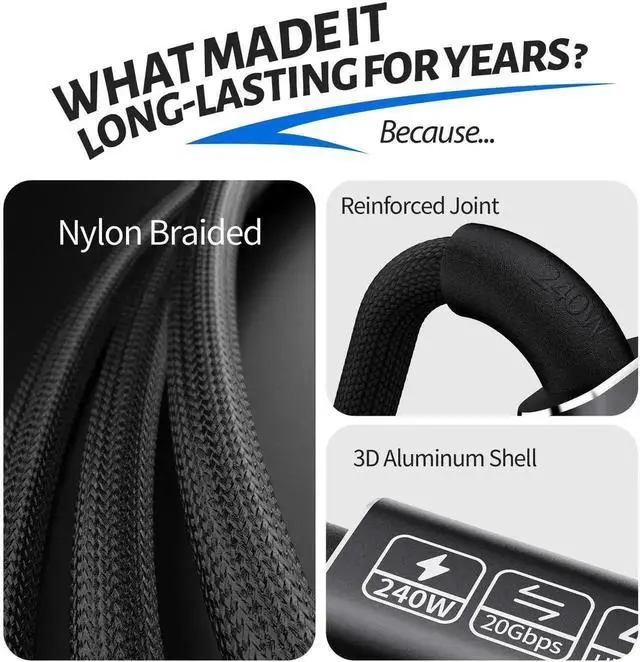 Alt view image 2 of 7 - USB-C to USB-C Nylon Braided Cable, 3.3ft USB 3.2 Type-C Cord Support 20Gbps Data Transfer & 240W PD Fast Charging, High Speed Charger Data Cable for Laptops, Smartphones, Tablets, External SSD and US