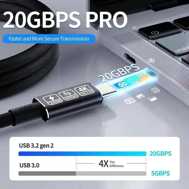 Alt view image 4 of 7 - USB-C to USB-C Nylon Braided Cable, 3.3ft USB 3.2 Type-C Cord Support 20Gbps Data Transfer & 240W PD Fast Charging, High Speed Charger Data Cable for Laptops, Smartphones, Tablets, External SSD and US