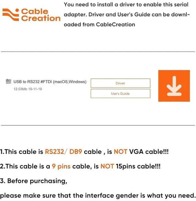 Alt view image 4 of 7 - CableCreation USB to RS232 Serial Adapter Cable with FTDI Chipset, 1M / 3FT DB9 Male RS-232 Converter Cord, Black Serial Communication Cable Compatible with Windows 11/10/8.1/8/7/Vista/XP, Linux and
