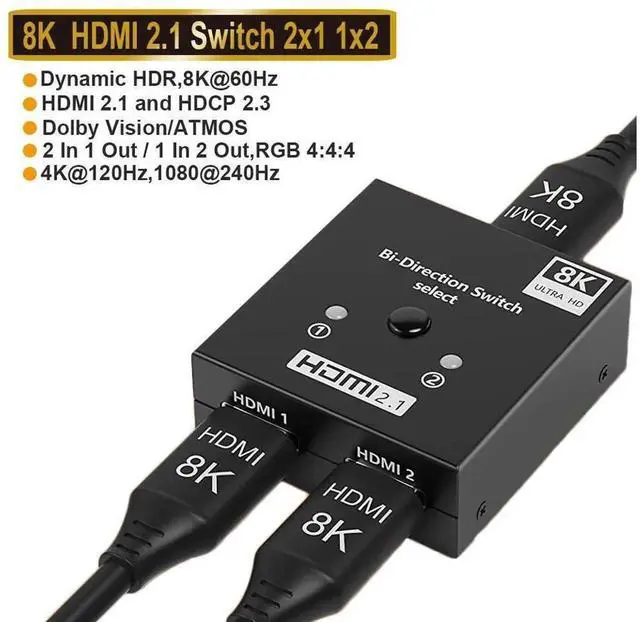 Main image of 8K Bi-Directional HDMI 2.1 Switcher, 4K 120Hz HDMI-compatible Bidirectional Switch Adapter Support 1x2 / 2x1 Mode, HDCP 2.3, Dynamic HDR, Dolby Vision & Dolby Atmos for PS5, PS4, Xiaomi TV Box, Game