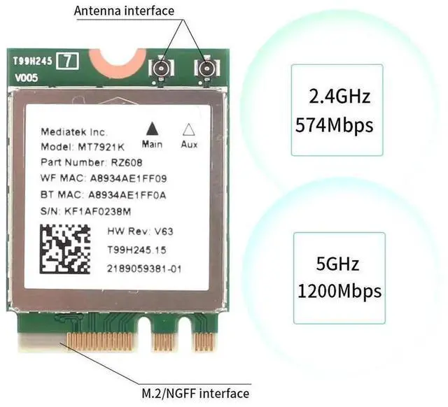 Alt view image 2 of 7 - MT7921K M.2 WiFi 6 Wireless Network Card, 1800Mbps Dual Band 2.4GHz & 5GHz 802.11ax/ac NGFF WiFi Module with Bluetooth 5.2, M.2 WiFi Adapter Similar to AX200 for Desktop PC, Supports Windows 10 & Wind