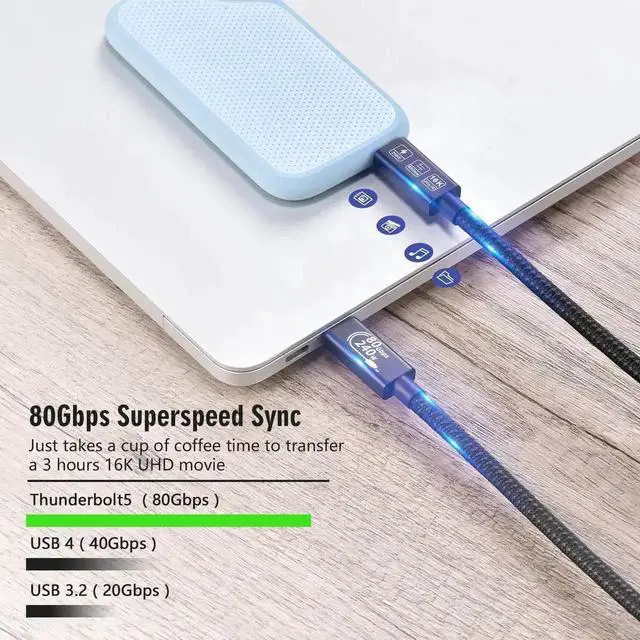 Alt view image 2 of 7 - 0.5M Thunderbolt 5 USB4 Gen4 Cable, USB-C to USB-C Cable, 80Gbps Data Transfer, 240W Fast Charging, Support 16K@60Hz & 4K@120Hz HDR, Compatible with Laptop, Hub, Dock, M2/M3, SSD, Monitor