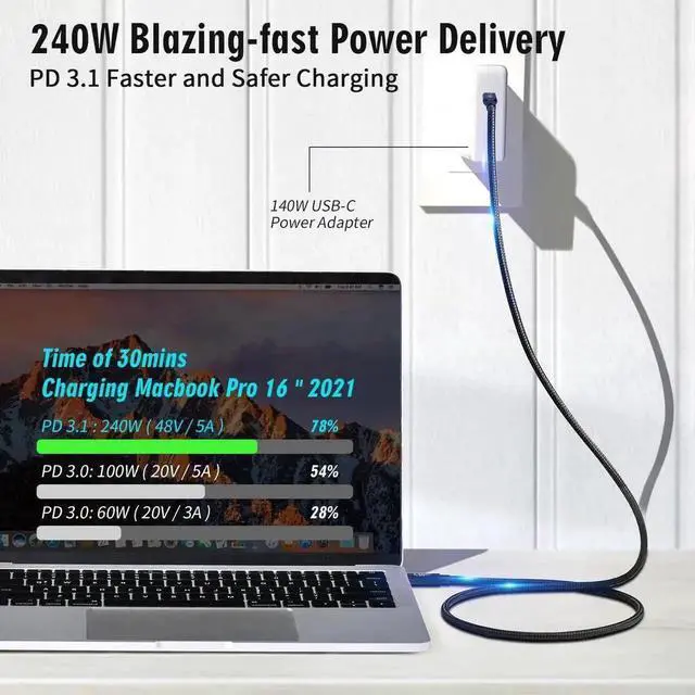 Alt view image 6 of 7 - 0.5M Thunderbolt 5 USB4 Gen4 Cable, USB-C to USB-C Cable, 80Gbps Data Transfer, 240W Fast Charging, Support 16K@60Hz & 4K@120Hz HDR, Compatible with Laptop, Hub, Dock, M2/M3, SSD, Monitor