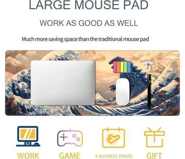 Alt view image 5 of 6 - XXL Japanese Sea Wave Gaming Mouse Pad, Large Art Desk Mat, Non-Slip Rubber Base, Extended Keyboard & Mouse Mat for Gaming, Office and Home