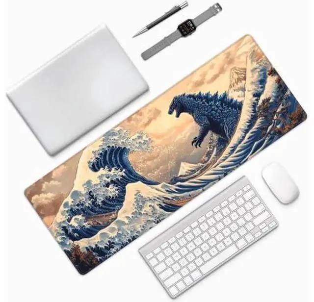 Alt view image 3 of 6 - XXL Japanese Sea Wave Gaming Mouse Pad, Large Art Desk Mat, Non-Slip Rubber Base, Extended Keyboard & Mouse Mat for Gaming, Office and Home