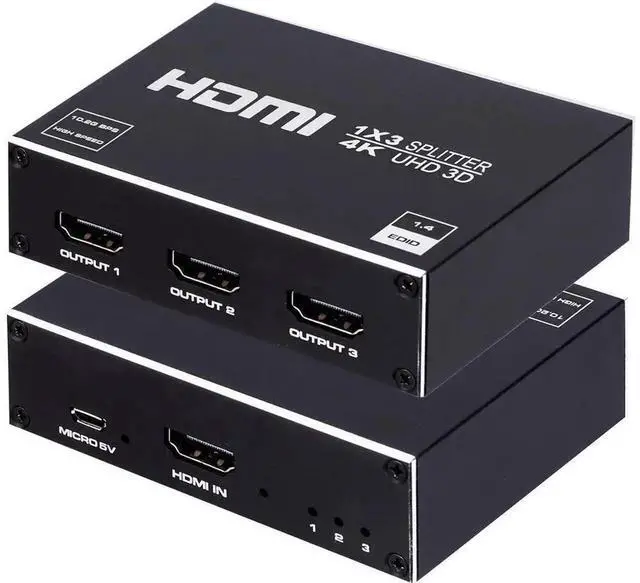 Main image of 1x3 HDMI Splitter 1 in 3 Out, 4K@30Hz 3D HDMI Audio Video Distributor Box, Duplicate Same Image to 3 Displays, Compatible with HDTV, STB, DVD Player, PS3, Game Console, Projector (eokCXOY)