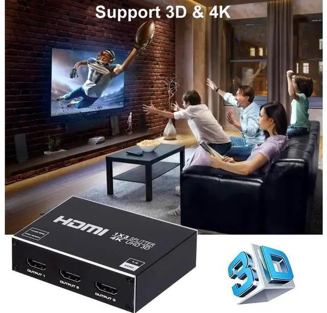Alt view image 5 of 7 - 1x3 HDMI Splitter 1 in 3 Out, 4K@30Hz 3D HDMI Audio Video Distributor Box, Duplicate Same Image to 3 Displays, Compatible with HDTV, STB, DVD Player, PS3, Game Console, Projector (eokCXOY)