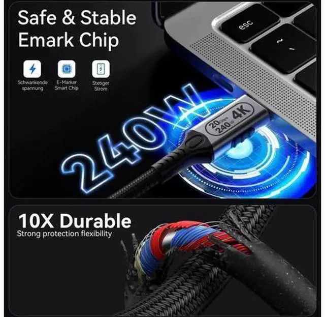Alt view image 5 of 7 - Short USB-C to USB-C Cable, USB 3.2 Gen 2 20Gbps Data Transfer, 4K@60Hz Video Output, 240W PD Fast Charging Type C Cord, Compatible with Laptop, Monitor, Smartphone, Power Bank, 1.65FT