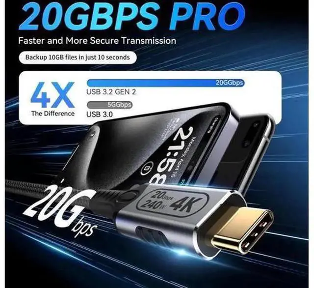 Alt view image 7 of 7 - Short USB-C to USB-C Cable, USB 3.2 Gen 2 20Gbps Data Transfer, 4K@60Hz Video Output, 240W PD Fast Charging Type C Cord, Compatible with Laptop, Monitor, Smartphone, Power Bank, 1.65FT