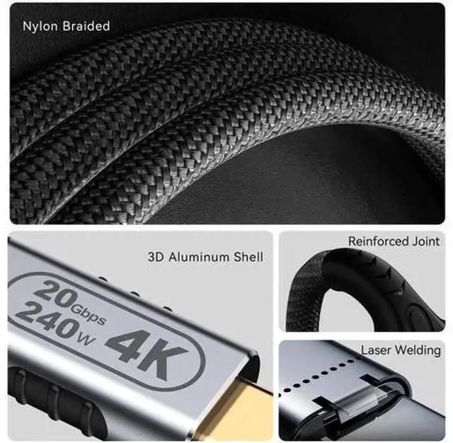 Alt view image 4 of 7 - Short USB-C to USB-C Cable, USB 3.2 Gen 2 20Gbps Data Transfer, 4K@60Hz Video Output, 240W PD Fast Charging Type C Cord, Compatible with Laptop, Monitor, Smartphone, Power Bank, 1.65FT