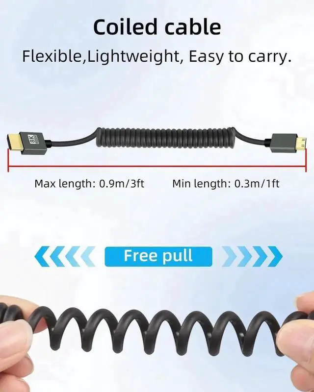 Alt view image 5 of 7 - 8K Mini HDMI to HDMI Coiled Cable 2.2FT, Spring Spiral HDMI 2.1 Cord, 48Gbps High Speed, Supports 8K@60Hz, Dynamic HDR, Short Mini HDMI to HDMI Cable for Camera, Camcorder, Tablet, HDTV, Monitor
