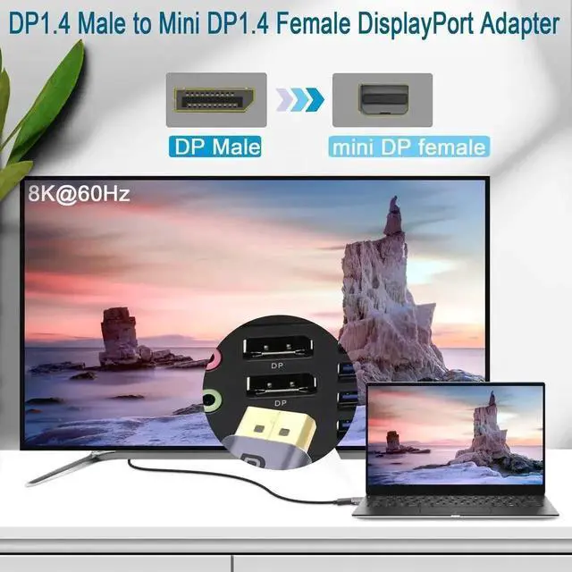Alt view image 2 of 6 - 2Pcs DP to Mini DP Adapter 8K@60Hz DP 1.4 Male to Mini DisplayPort Female Connector, LED Indicator with Hanging Hole, Compatible with MacBook, Surface, Laptop, Tablet, Monitor, HDTV