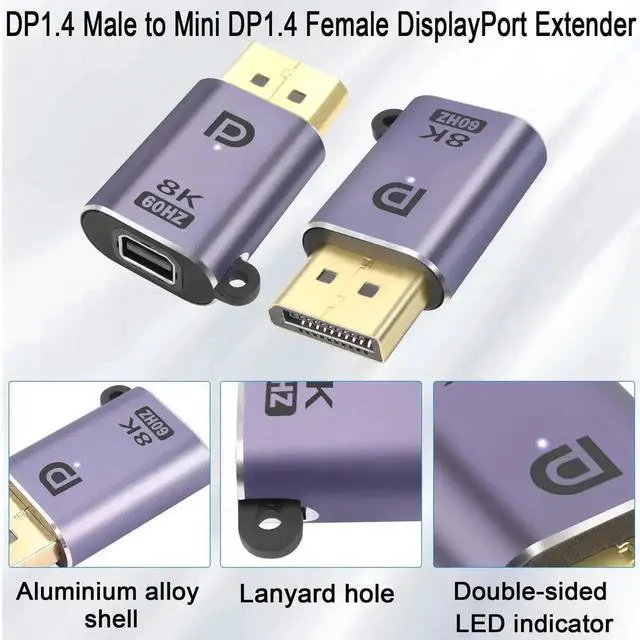 Alt view image 5 of 6 - 2Pcs DP to Mini DP Adapter 8K@60Hz DP 1.4 Male to Mini DisplayPort Female Connector, LED Indicator with Hanging Hole, Compatible with MacBook, Surface, Laptop, Tablet, Monitor, HDTV