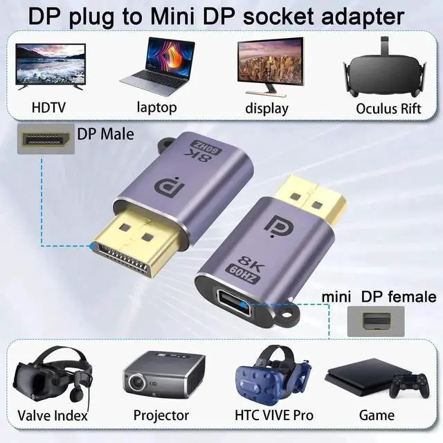 Alt view image 4 of 6 - 2Pcs DP to Mini DP Adapter 8K@60Hz DP 1.4 Male to Mini DisplayPort Female Connector, LED Indicator with Hanging Hole, Compatible with MacBook, Surface, Laptop, Tablet, Monitor, HDTV