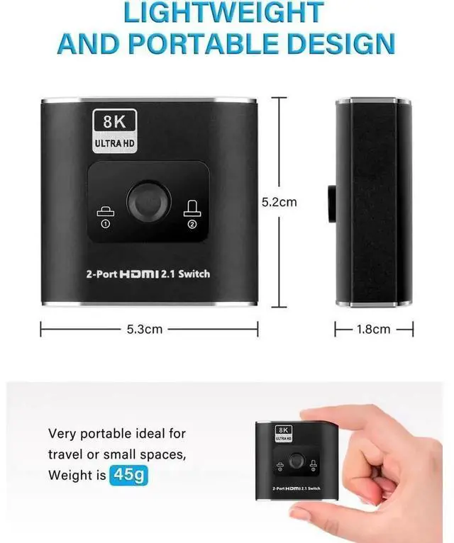 Alt view image 5 of 7 - 2 in 1 Out HDMI 2.1 Switch, 8K 2X1 HDMI Switcher 4K 120Hz 48Gbps High Speed, Manual Button Switch, Support HDCP2.3 & Dynamic HDR for 8K TV, PS5, Xbox Series X