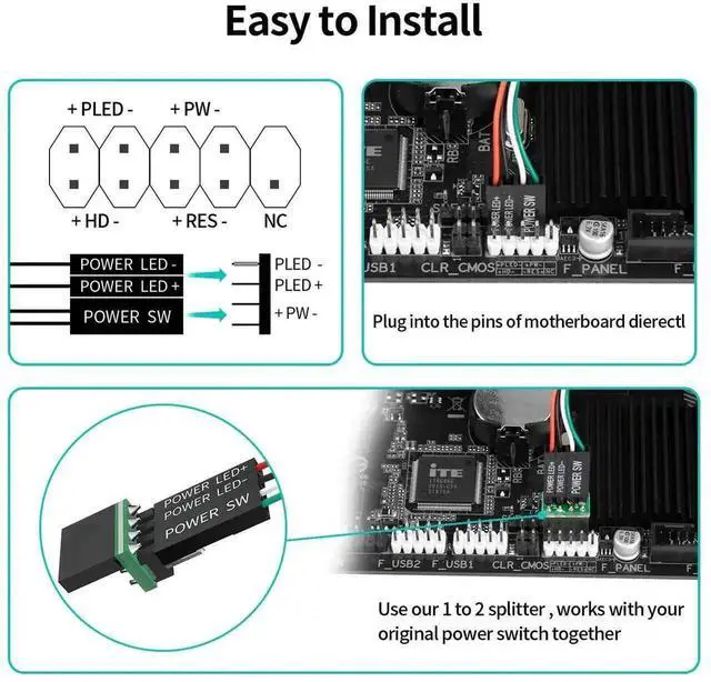 Alt view image 6 of 6 - PC External Power Button, Desktop Computer Power Switch with LED Indicator, PC Power SW Extension Cable ON Off Control for Motherboard