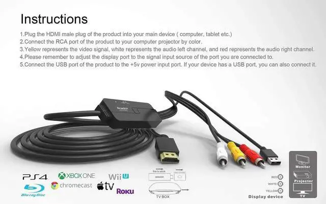 Alt view image 2 of 6 - NewBEP HDMI to RCA Cable, HDMI Male to 3RCA AV Converter Adapter, Convert Digital HDMI Signal to Analog AV CVBS, Compatible with Fire TV, Roku, PC, Laptop, Xbox, PS4, HDTV, DVD Player