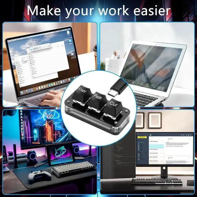 Alt view image 2 of 7 - Mini 3-Key Programmable Macro Keypad, Hot Swappable Mechanical Keyboard with LED Light, Custom Cut Copy Paste Shortcut Keypad for Work and Gaming
