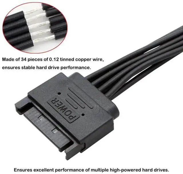 Alt view image 3 of 6 - 23Inch/58CM SATA 15Pin Power Extension Cable 1 to 4, SATA Male to Female Power Extender Adapter Cord for HDD SSD Hard Drives