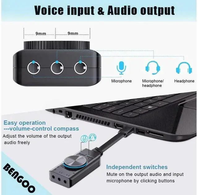 Alt view image 6 of 7 - BENGOO Virtual 7.1 USB External Sound Card Adapter, USB to 3.5mm AUX & Microphone Jack Stereo Audio Converter for Gaming Headset, PS4 Laptop Desktop Windows Mac Linux Plug and Play