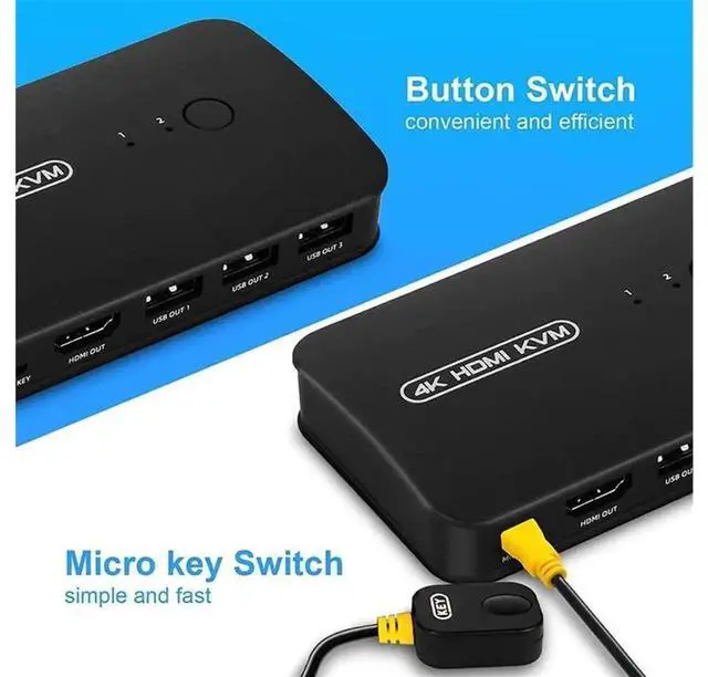 Alt view image 3 of 6 - 2 Port HDMI USB KVM Switch Selector, 4K HDMI KVM Switcher Allows 2 Computers to Share One Monitor, Keyboard, Mouse and USB Peripherals Like Printer