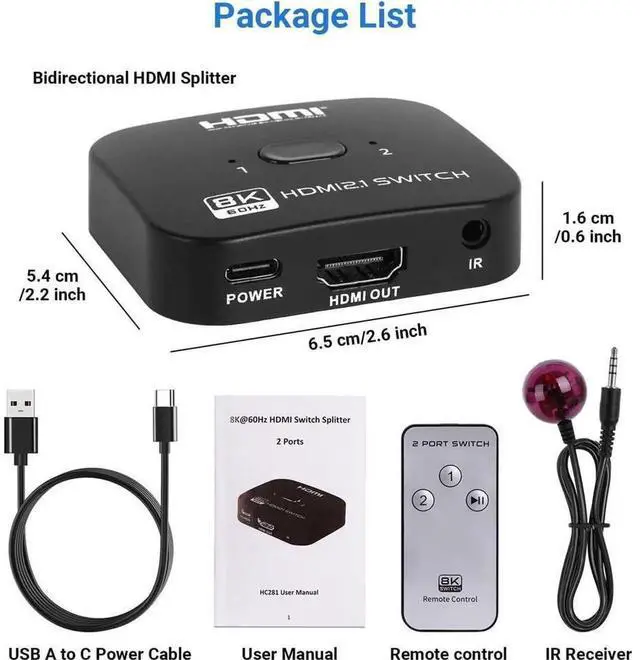 Main image of eokCXOY Bi-Directional 2 Ports 8K HDMI Switch Hub, 8K@60Hz /4K@120Hz HDMI Switcher, 2 in 1 Out or 1 in 2 Out HDMI Splitter with Power Cable & IR Remote Control