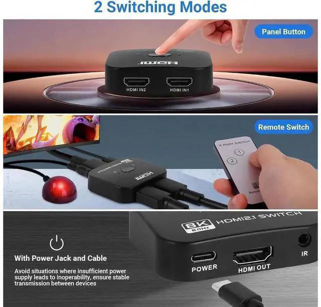 Alt view image 7 of 7 - eokCXOY Bi-Directional 2 Ports 8K HDMI Switch Hub, 8K@60Hz /4K@120Hz HDMI Switcher, 2 in 1 Out or 1 in 2 Out HDMI Splitter with Power Cable & IR Remote Control