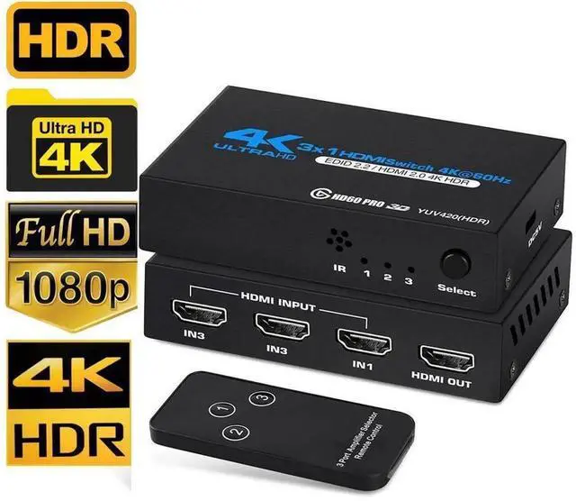 Main image of OZQ2-1 3 in 1 Out HDMI Switcher with Remote Control, 3-Port 4K@60Hz HDMI Switch Selector Supports HDR, 3D, HDCP2.2 for PS5/4, Xbox, Nintendo Switch, Roku TV, Fire Stick