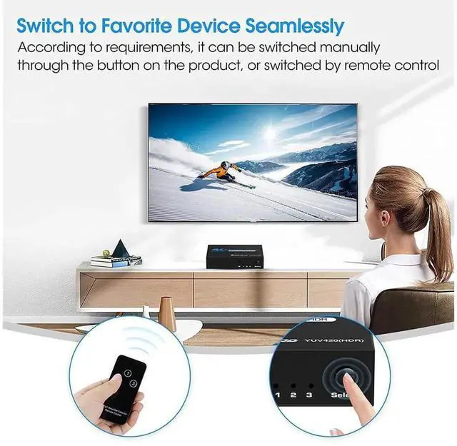 Alt view image 6 of 7 - OZQ2-1 3 in 1 Out HDMI Switcher with Remote Control, 3-Port 4K@60Hz HDMI Switch Selector Supports HDR, 3D, HDCP2.2 for PS5/4, Xbox, Nintendo Switch, Roku TV, Fire Stick