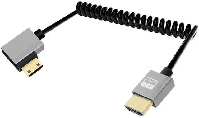 Main image of 4K 120Hz Left Angle Coiled Mini HDMI to HDMI Cable 2.2FT, HDMI 2.0 18Gbps 90 Degree Short Mini HDMI Cord Compatible with Canon, Nikon, Sony Camera, Camcorder, HDTV, Tablet