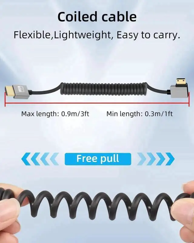 Alt view image 7 of 7 - 4K 120Hz Left Angle Coiled Mini HDMI to HDMI Cable 2.2FT, HDMI 2.0 18Gbps 90 Degree Short Mini HDMI Cord Compatible with Canon, Nikon, Sony Camera, Camcorder, HDTV, Tablet