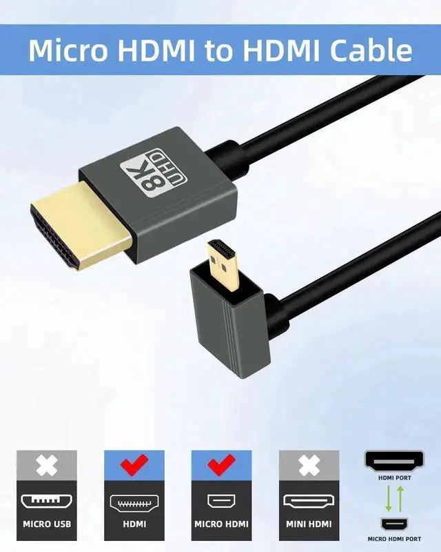 Alt view image 6 of 7 - 8K@60Hz Up Angle Coiled Micro HDMI to HDMI Cable 2.2FT, HDMI 2.1 48Gbps 270 Degree Short Micro HDMI Cord, Black Angled Cable Compatible with Camera, Camcorder, HDTV, Tablet