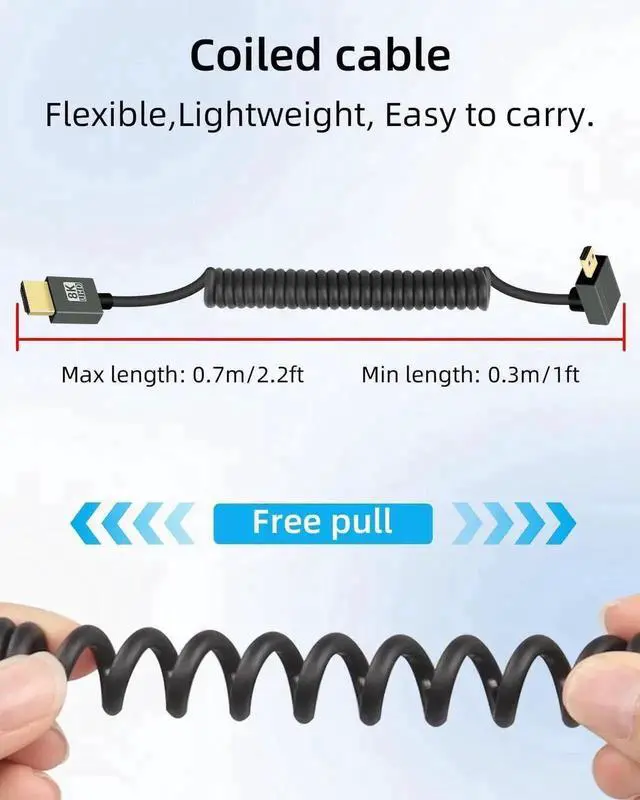 Alt view image 7 of 7 - 8K@60Hz Up Angle Coiled Micro HDMI to HDMI Cable 2.2FT, HDMI 2.1 48Gbps 270 Degree Short Micro HDMI Cord, Black Angled Cable Compatible with Camera, Camcorder, HDTV, Tablet