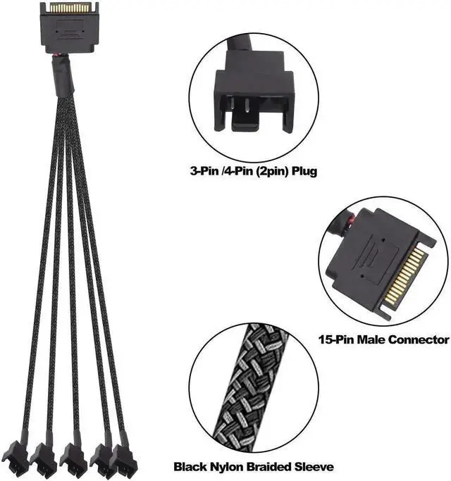 Alt view image 2 of 7 - 15 Pin SATA to 5 x 3 Pin/4 Pin Fan Splitter Power Cable 27cm, SATA to PC Case Cooling Fan Adapter, 12V Fan Power Splitter, 2 Pack