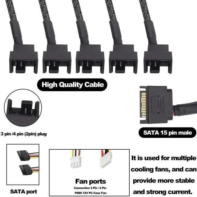 Alt view image 6 of 7 - 15 Pin SATA to 5 x 3 Pin/4 Pin Fan Splitter Power Cable 27cm, SATA to PC Case Cooling Fan Adapter, 12V Fan Power Splitter, 2 Pack