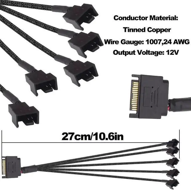 Alt view image 4 of 7 - 15 Pin SATA to 5 x 3 Pin/4 Pin Fan Splitter Power Cable 27cm, SATA to PC Case Cooling Fan Adapter, 12V Fan Power Splitter, 2 Pack