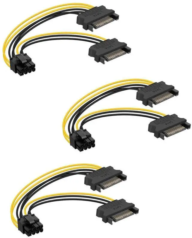 Main image of Dual SATA 15Pin to 8-Pin (6+2) PCIe Power Cable 1M, Male to Male SATA to PCI-E GPU Power Cord for Computer Graphics Card, 3 Pack