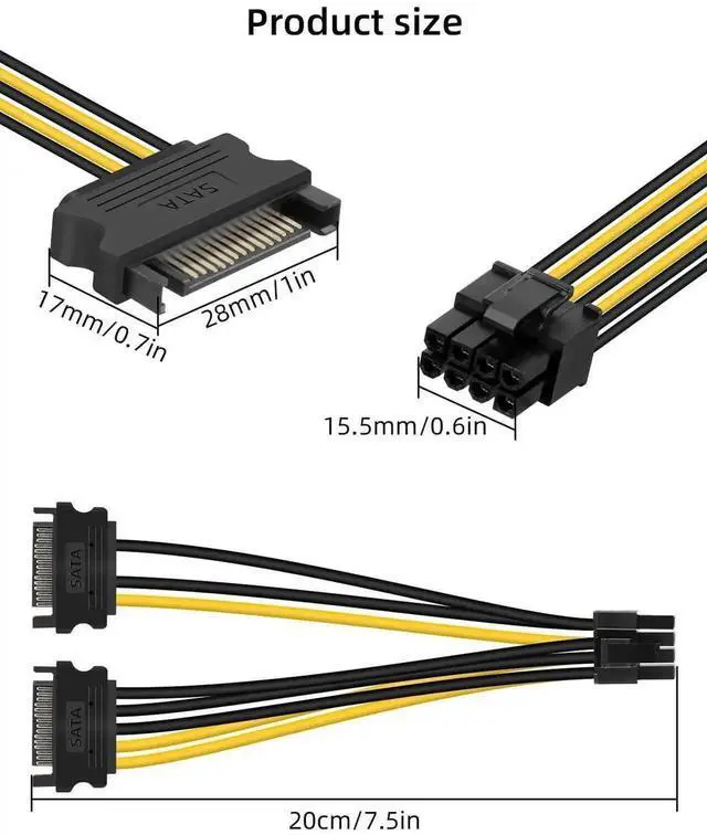 Alt view image 6 of 7 - Dual SATA 15Pin to 8-Pin (6+2) PCIe Power Cable 1M, Male to Male SATA to PCI-E GPU Power Cord for Computer Graphics Card, 3 Pack