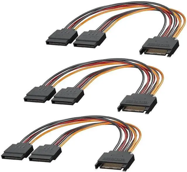 Main image of 3-Pack 15 Pin SATA Power Splitter Cable, 8 Inch SATA Male to 2X SATA Female Power Cord for HDD SSD Optical Drives