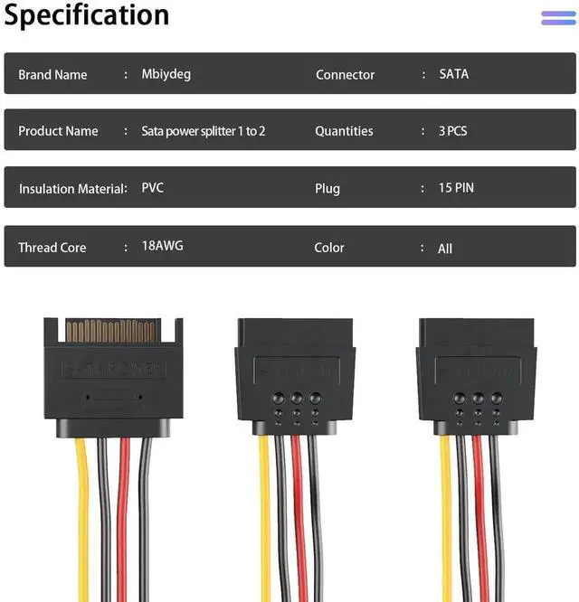 Alt view image 6 of 7 - 3-Pack 15 Pin SATA Power Splitter Cable, 8 Inch SATA Male to 2X SATA Female Power Cord for HDD SSD Optical Drives