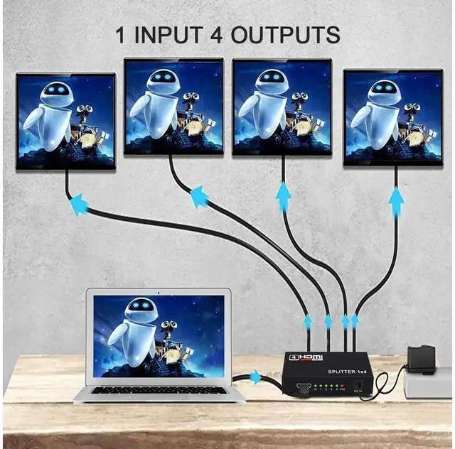 Alt view image 4 of 7 - 1 in 4 Out HDMI Splitter 1x4, HDMI Audio Video Distributor Box Supports 4K 2K 1080P 3D, Mirror Duplicate Screen for HDTV Monitor Projector