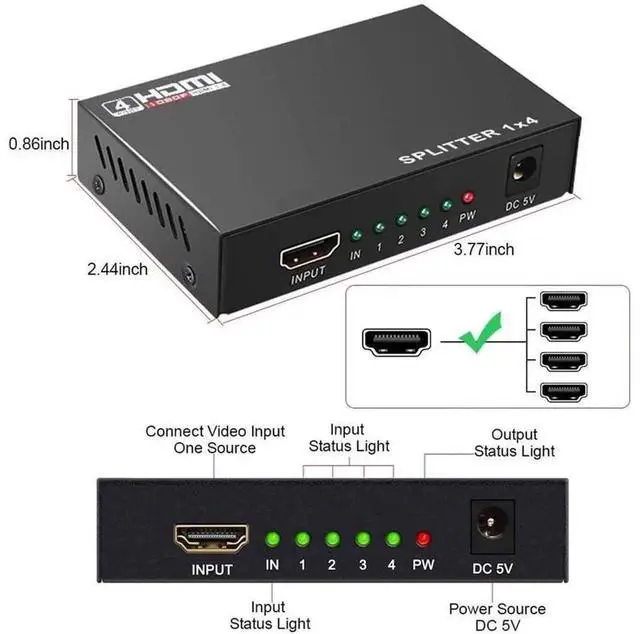 Alt view image 2 of 7 - 1 in 4 Out HDMI Splitter 1x4, HDMI Audio Video Distributor Box Supports 4K 2K 1080P 3D, Mirror Duplicate Screen for HDTV Monitor Projector