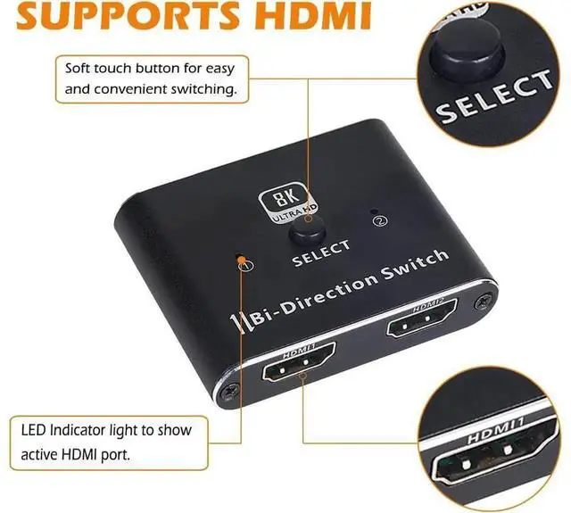 Alt view image 7 of 7 - Bi-Directional HDMI 2.1 Switcher Splitter 2 Port, 1x2 / 2x1 HDMI Selector Box Supports 8K@60Hz, 4K@120Hz, 48Gbps High Speed for PS5, PS4, Xbox, Roku, TV, Monitor
