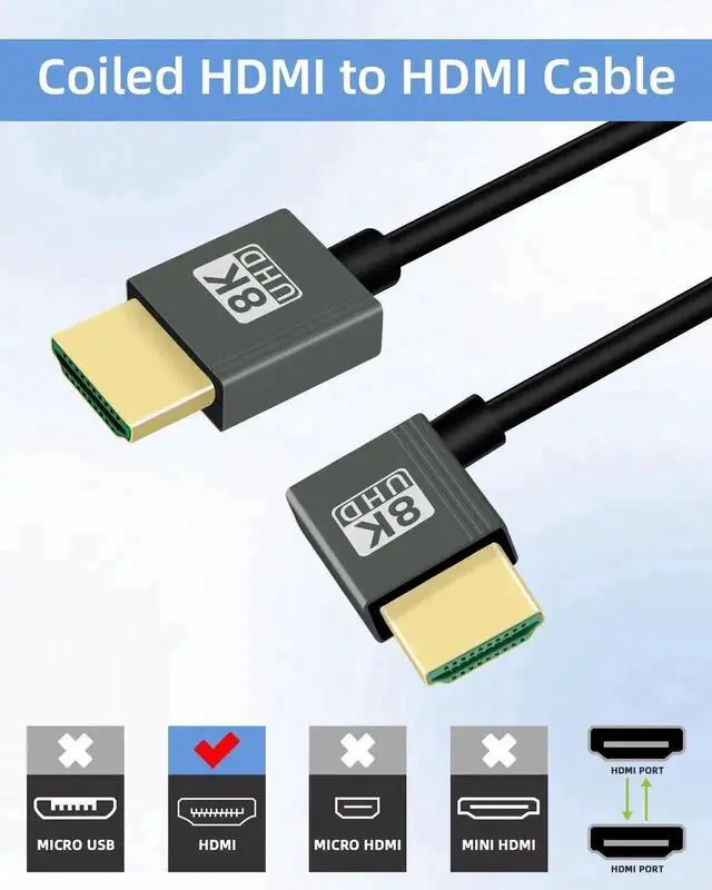 Alt view image 6 of 7 - 8K@60Hz Left Angle Coiled HDMI 2.1 Cable 2.2FT, 90 Degree Short Spring Spiral HDMI to HDMI Cord, 48Gbps Ultra High Speed HDMI Cable for Camera, Capture Card, Tablet, TV, Game Console