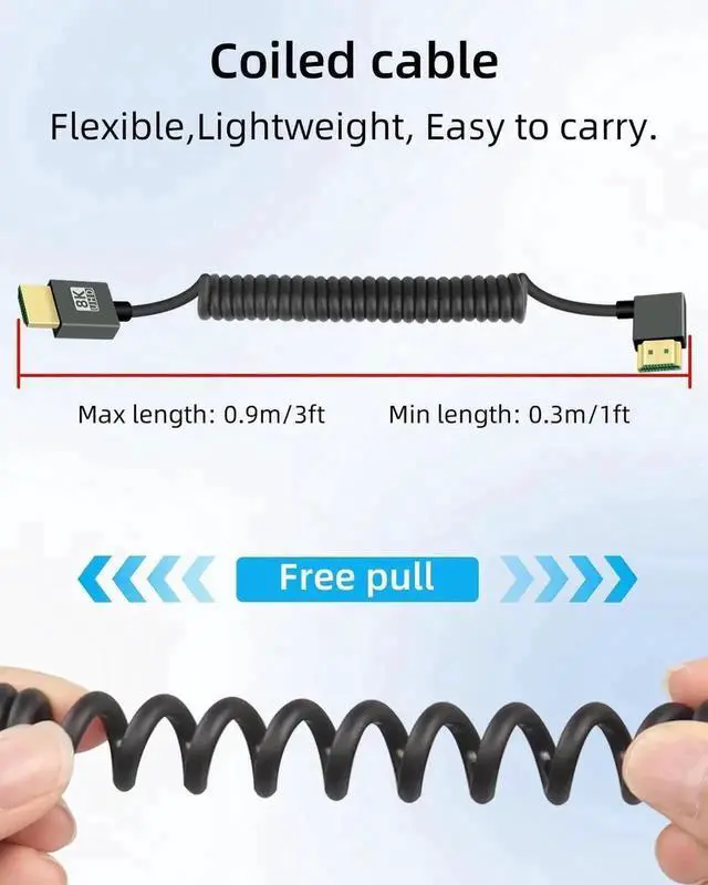 Alt view image 4 of 7 - 8K@60Hz Left Angle Coiled HDMI 2.1 Cable 2.2FT, 90 Degree Short Spring Spiral HDMI to HDMI Cord, 48Gbps Ultra High Speed HDMI Cable for Camera, Capture Card, Tablet, TV, Game Console