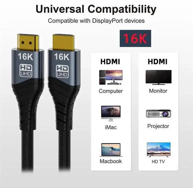 Alt view image 5 of 7 - 16K 8K UHD HDMI 2.2 Cable 1.6FT/0.5M, High Speed HDMI Type-A Male to Male Braided Cord, Support Dynamic HDR for Gaming Monitor, Desktop, Laptop, HDTV