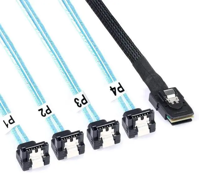Main image of 1M SFF-8087 to SATA Breakout Cable, Mini SAS to 4 SATA 90 Degree Right Angle Forward Cable, SFF8087 SAS Controller to Hard Drive 3.3FT