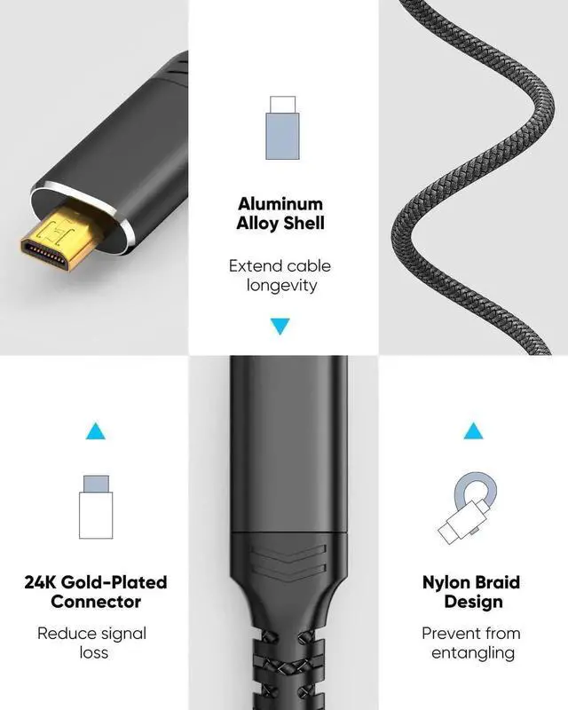 Alt view image 5 of 7 - 6FT 4K Micro HDMI to HDMI Cable, Micro HDMI Male to Standard HDMI Male Nylon Braided Cord, HDMI 2.0 4K@60Hz 2K@165Hz 18Gbps Compatible with Camera, Laptop, Monitor